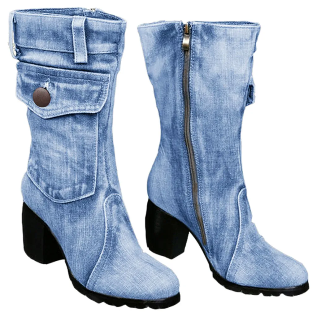 Blue jeans, botas de la Mujer, Mediados de subida Roma Sólido Slip-On Grueso Med Tacones Botas salvaje vintage de Gran Tamaño de zapatos de las Señoras 5