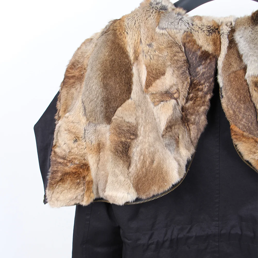 Maomaokong Nueva Moda de Invierno de las mujeres de lujo de piel de conejo abrigo grande de piel de mapache parka con capucha chaqueta de bombardero 5