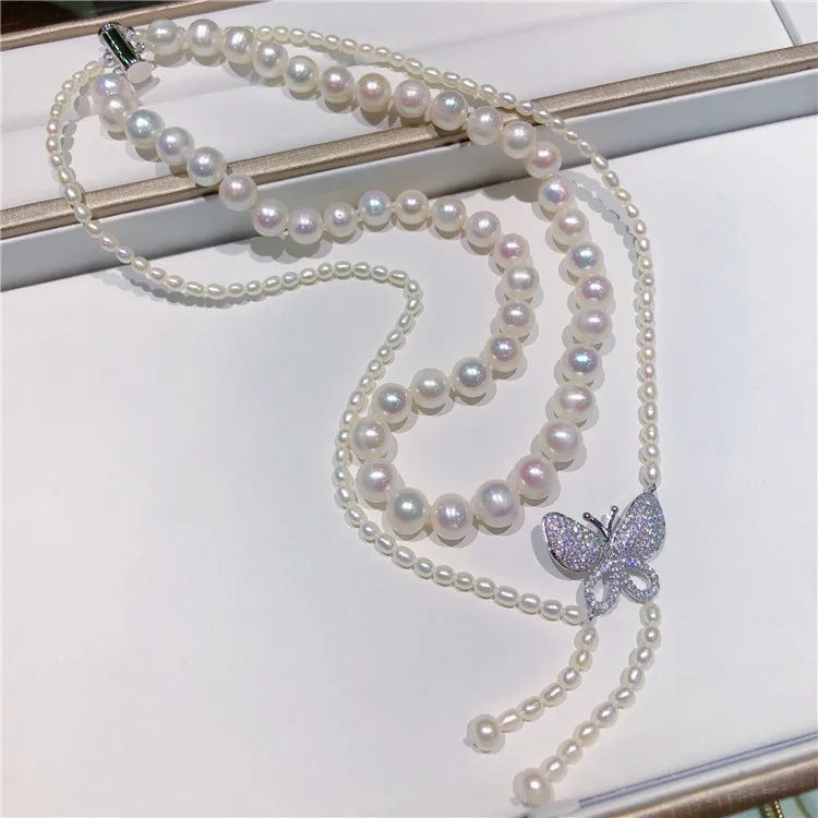 Anudado a mano natural 2rows blanco de agua dulce de la perla de la mariposa de los accesorios del collar de la joyería de la moda 5