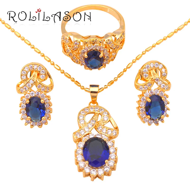 Delicado Tono Oro Pendiente del Collar de la Joyería Anillo de Establecer Zircon Austriaco de Cristal Azul Anillo Sz #8 #7 #9 JS431 5