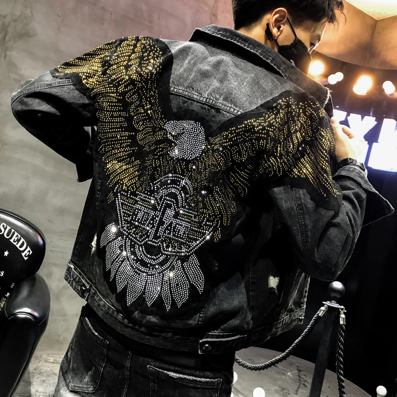 La ropa de calle agujero chaqueta de mezclilla de moda águila parche bordado chaqueta de mezclilla de la marca capa de punk lentejuelas slim negro chaqueta de mezclilla 5