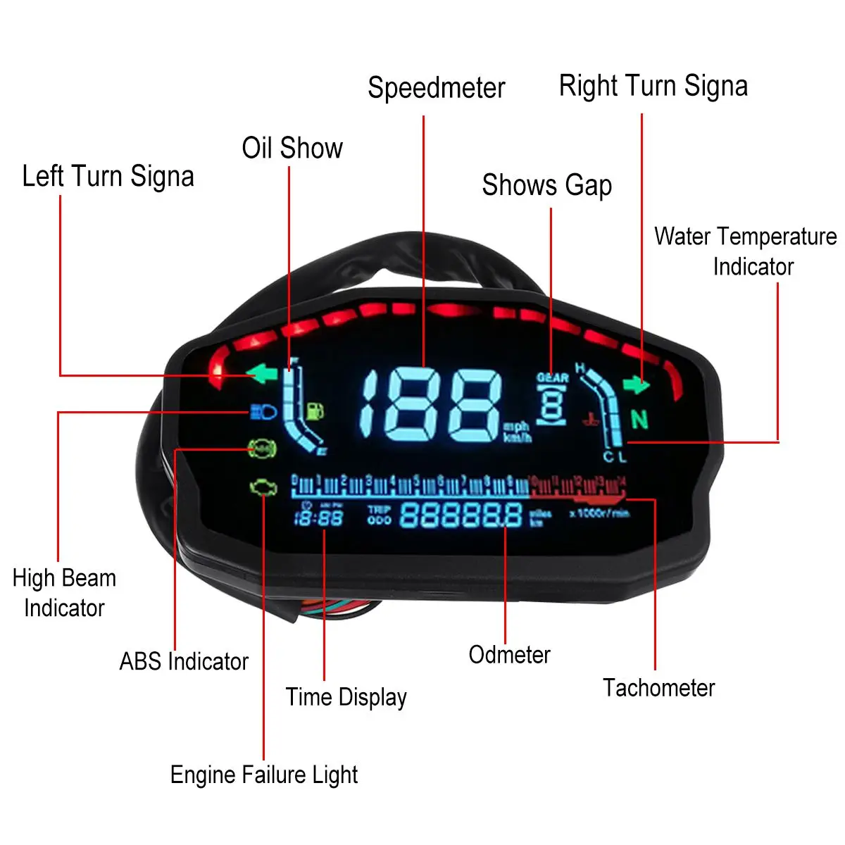Universal de la Motocicleta LED LCD Velocímetro Digital con luz de fondo Impermeable Odómetro, Tacómetro Para 1,2,4 Cilindros del Motor Electrónica 5