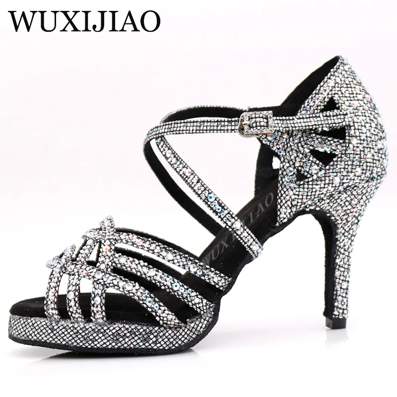 WUXIJIAO Nueva medalla de Plata negro de baile latino zapatos de las señoras de la salsa de diamante de imitación zapatos de baile de damas de baile de salón zapatos de tacón de 5 cm-10 cm 5
