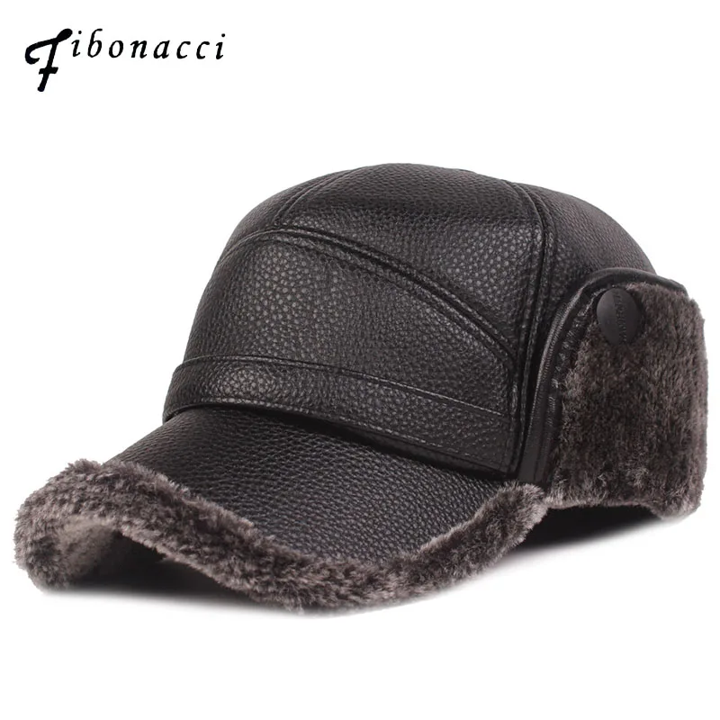 Fibonacci 2019 Nuevo Clásico de los hombres de sombrero de invierno cálido protección para los oídos además de terciopelo grueso de la mediana edad, personas mayores de cuero, gorra de béisbol 5
