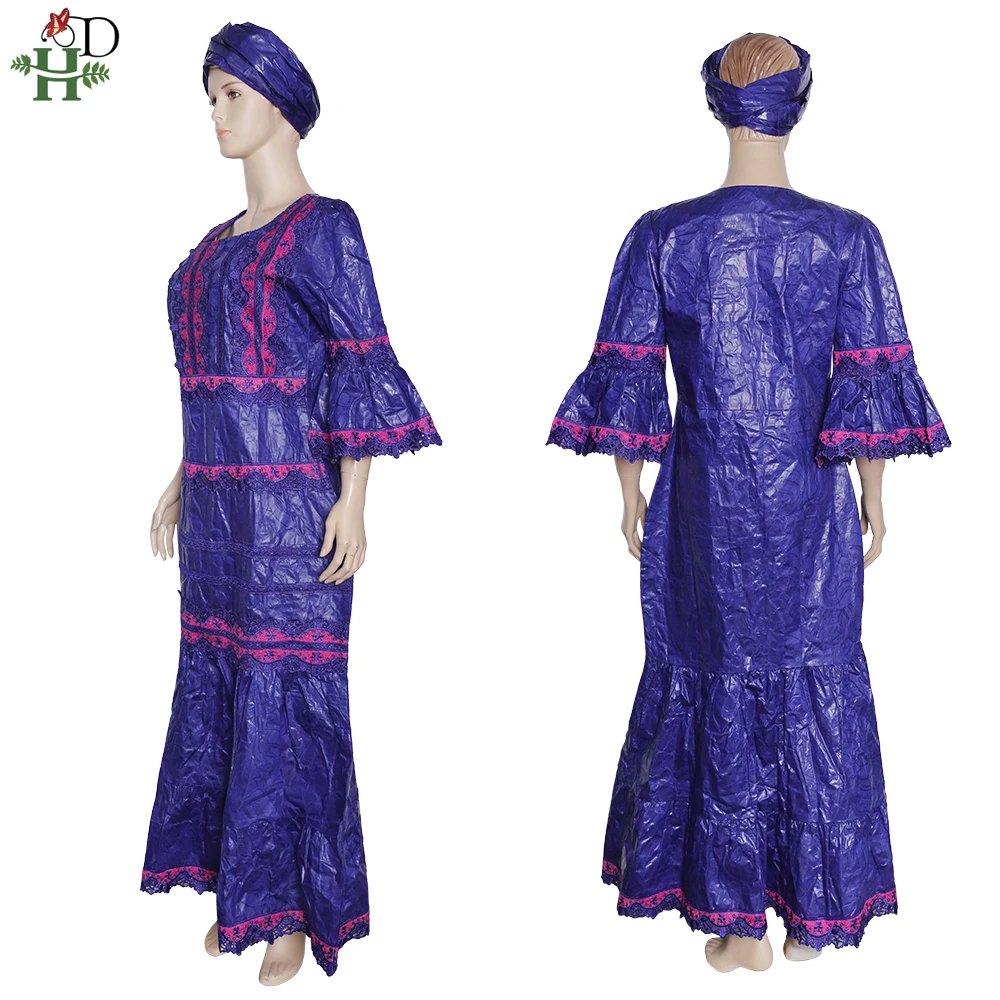 H&D 4XL Más el Tamaño de Vestido de las Señoras de 2020 Vetement Femme Bordado Bazin Encaje Vestidos de Dashiki Maxi Vestido de Mujer Turbante Fiesta de la Boda 5