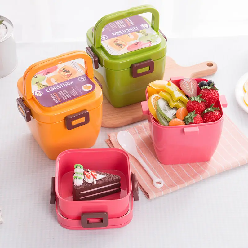 Portable 2 Layer Caja de Almuerzo de Comida Recipiente de Horno de Microondas Almuerzo Bento Boxes con la Manija de la Lonchera de los Niños Estudiantes 5