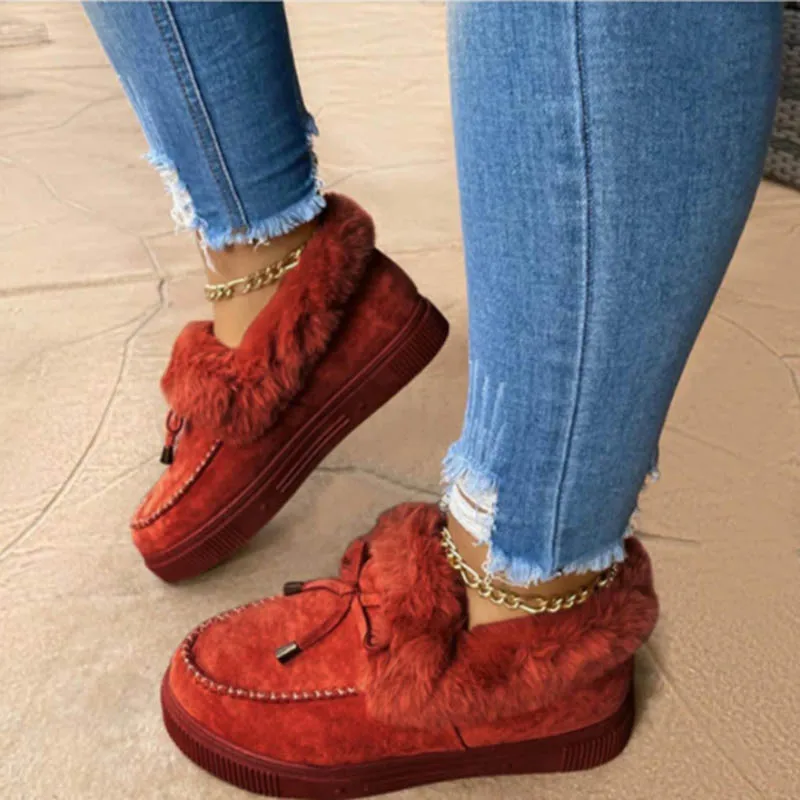 2020 Blanco de la Mujer Casual de Piel de Zapatos Bowknot Lindo Tendencias Esponjoso Rojo Peludo Slip-on Sneakers de las Señoras de la Felpa Mocasines Pisos de la Plataforma 5