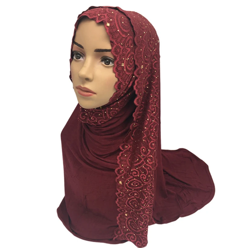Algodón Musulmana Con Hiyab Bufanda De Las Mujeres Chal Islámica Turbante De Las Mujeres De Encaje Velo Musulmán Bufanda Chal De 10 Colores 5