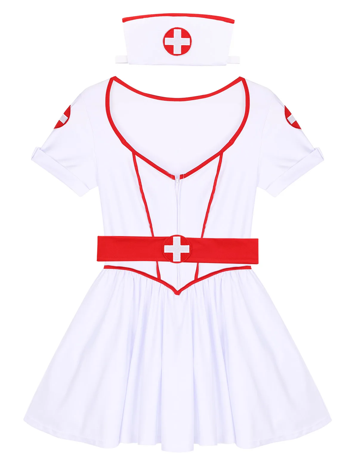 3Pcs Mujeres Adultos de Enfermera Traviesa Traje de Cosplay de Halloween Traje de Fiesta Escote corazón Vestido Mini con la cabeza y Cinturón 5