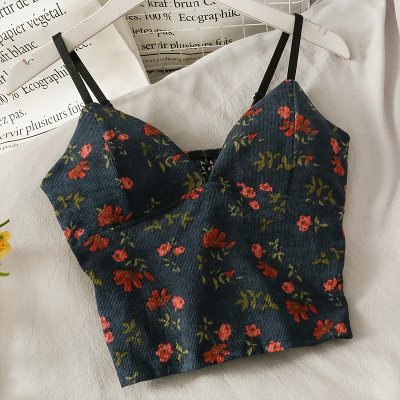 Floral corto de pana de la cintura que adelgaza la camisola de las mujeres Tops 2020 otoño delgado plisado de impresión camisola Vintage Camis tops para las mujeres 5
