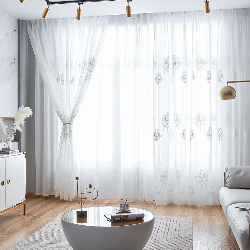 Geométricas simples bordado de tul cortinas para la sala de estar Blanco translúcido Pantallas de balcón en la Cocina #VT 5