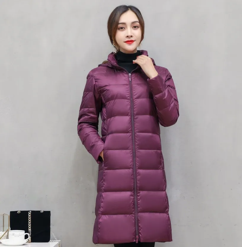 2019 Abajo chaqueta de las mujeres de la nueva luz, la luz brillante y la cara de mediano y largo coreano gran cuello alzado con capucha desmontable capa 5