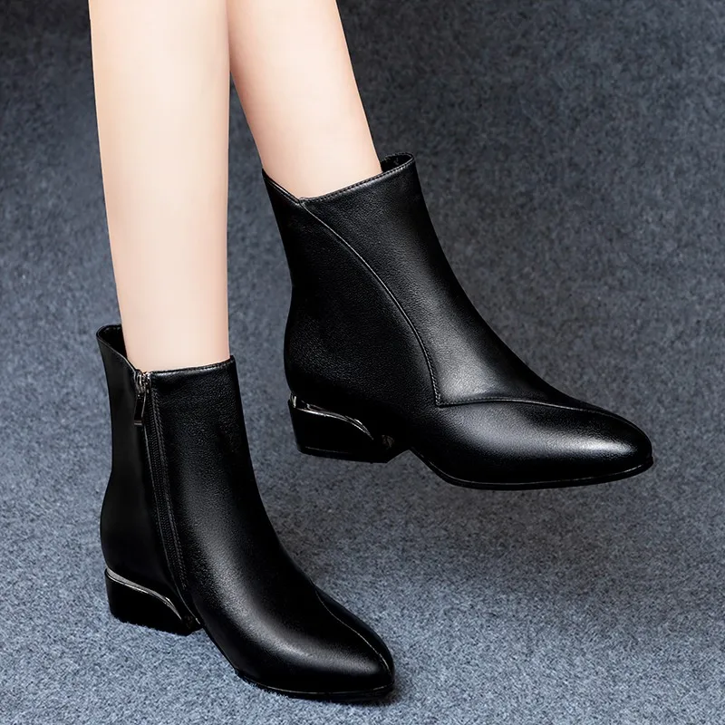 2020 de Invierno de las Mujeres de Tobillo Botas Negro Zapatos de Señora de la Oficina Señaló a Mediados de los Tacones de las Botas de Felpa Caliente botas mujer Otoño Primavera 8746C 5
