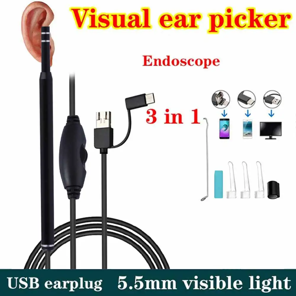 5.5 mm USB En el Oído de la Limpieza de Endoscopio Cuchara Mini Cámara del Oído Selector de Cera en el Oído de Eliminación de Visual Boca Nariz Otoscopio para PC Android 5