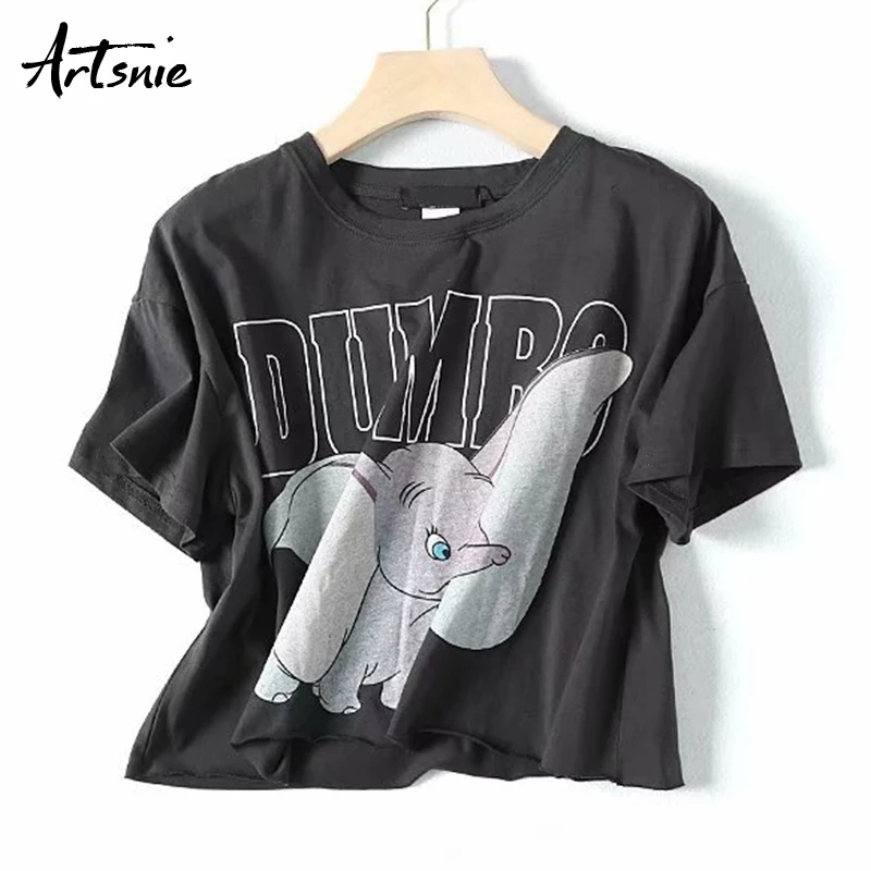 Artsnie ropa casual recortada dumbo camiseta de las mujeres de verano de 2019 gris oscuro camiseta de manga corta de mujer ropa de crop tops t-shirt 5