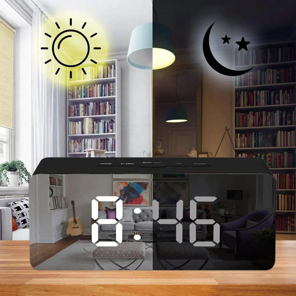 Espejo del Led de Alarma del Reloj Digital de Repetición de alarma Reloj de Mesa Con Termómetro USB Recargable Grande de la Visualización Electrónica Multifunción 5