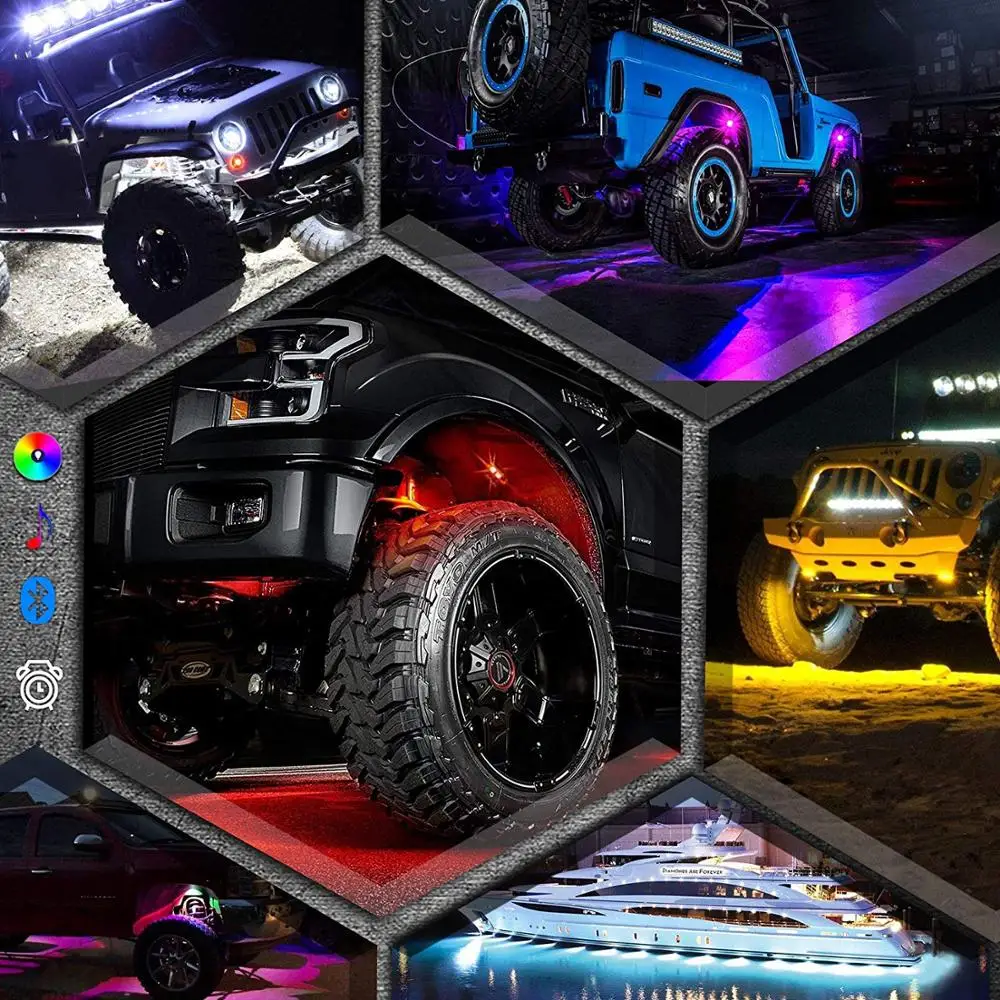 RGB LED Luces de Rock, Multicolor Underglow de Neón de Luz LED Kit de 4 Vainas Impermeable con el Modo de Música por Fuera de la Carretera de Camiones Coche ATV 5