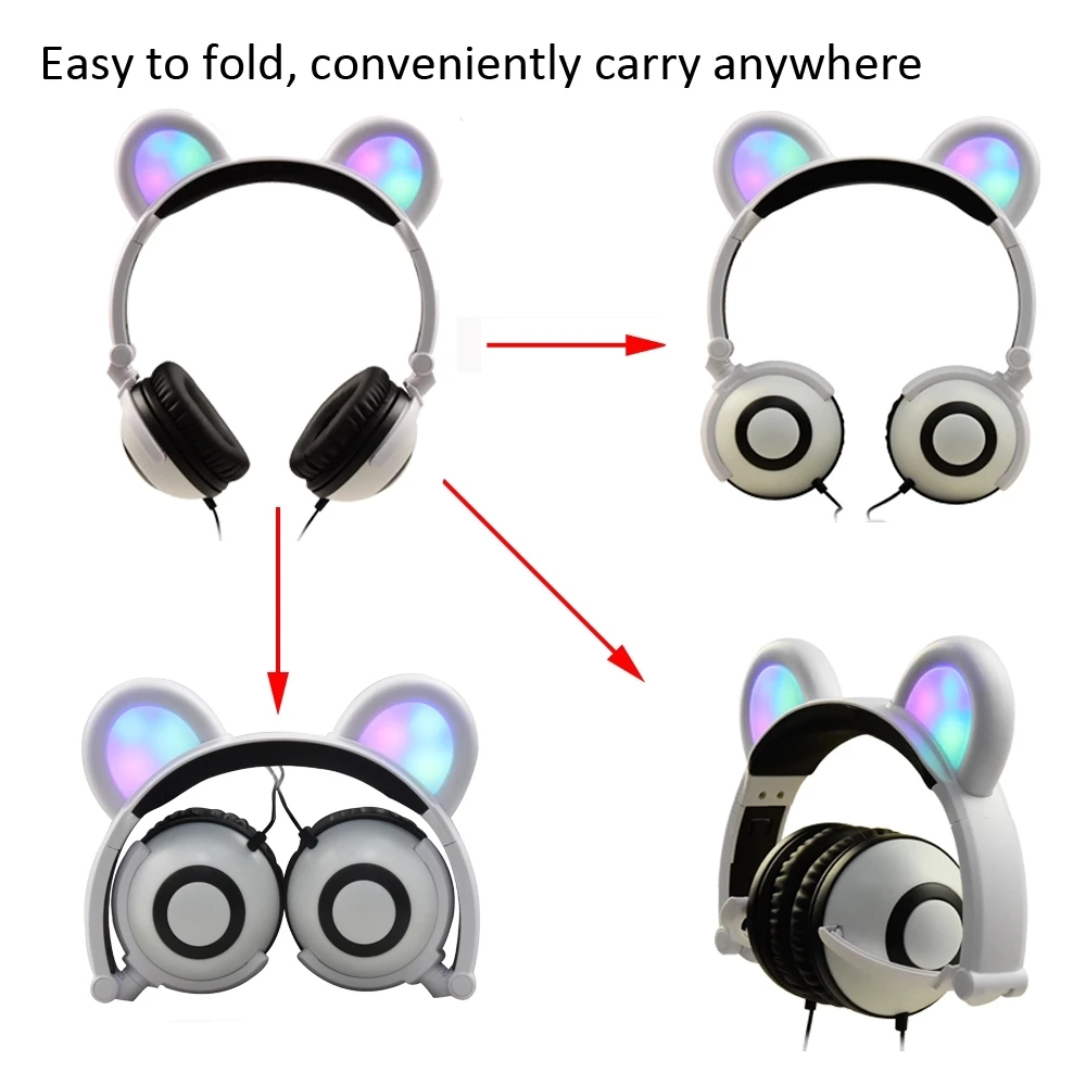 Lindo Plegable de Bluetooth Inalámbrico de Oso Panda Auriculares del Oído de los Niños Auricular Cosplay de Auriculares con LED Parpadeante Niños Niñas 5
