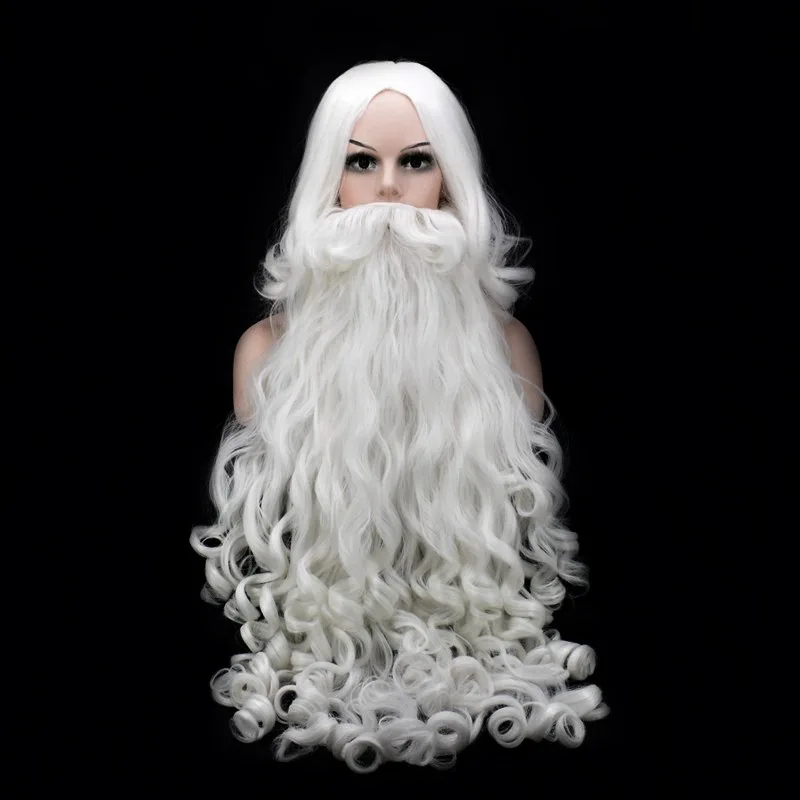 80 cm de Largo Navidad Disfraces Pelucas de Santa Claus Peluca y la Barba de 60cm de Pelo Sintético SantaClaus Cosplay Pelucas + Casquillo de la Peluca 5