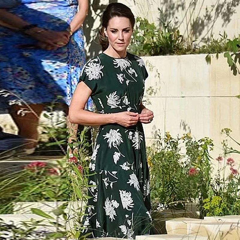 Kate Middleton Alta Calidad de Verano DE las Nuevas Mujeres de la Fiesta de Moda Casual de la Oficina de la Vendimia Elegante Elegante Dama de Impresión Vestido Midi 5