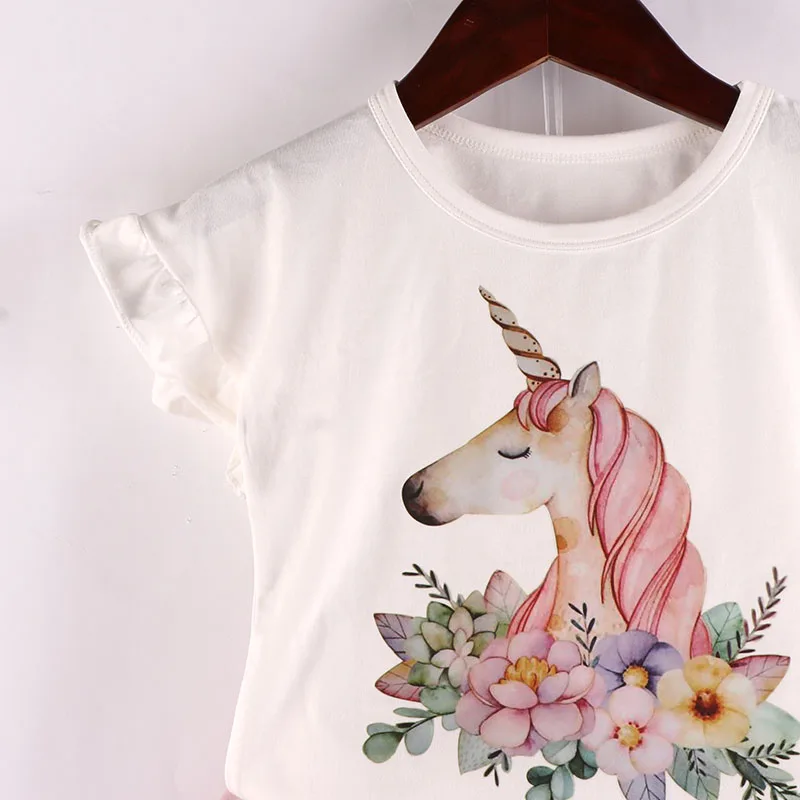 Los niños trajes de las niñas juego de ropa de 2018 nuevo y mágico unicornio patrón de la camiseta blanca de encaje falda linda ropa para niños 3-7Y 5
