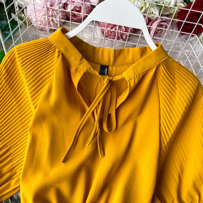 Las mujeres de color Sólido dulce Vestido de Verano de 2020 de la Nueva Llegada amarillo Arco Corto de manga Larga Vestido de Volantes Una línea de Cintura Alta Vestido Vestido 5