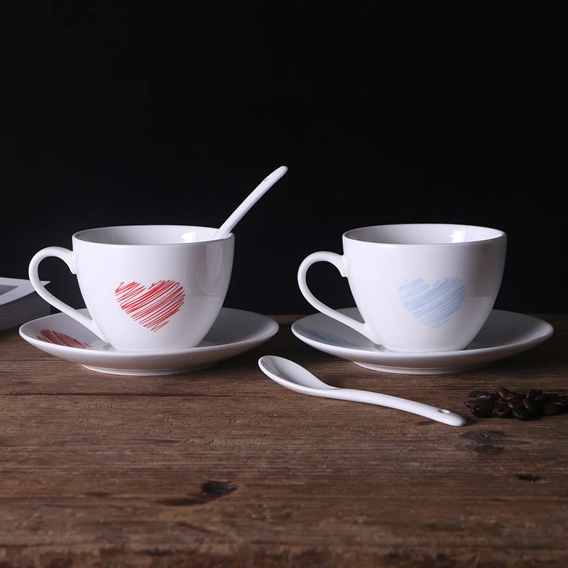Rojo azul amor patrón taza de café con plato de cuchara,simple Tazas de cerámica conjunto,Tarde taza de té de todo para la cocina de té de la taza 5