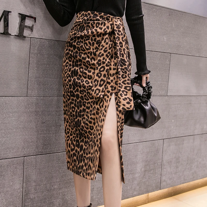 2020 Verano Estilo coreano Dividir Vendaje Leopard Faldas para Mujer de la Alta Cintura Sexy Hip OL Falda Lápiz Casual de Una Línea de Frijoles de Punto Faldas 5