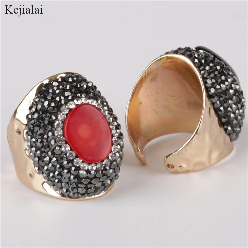 Rojo natural de coral fósiles de piedra de bolas encanto envoltura ajustable ancho oro abierto clavado anillo brazalete para mujer hombre 5