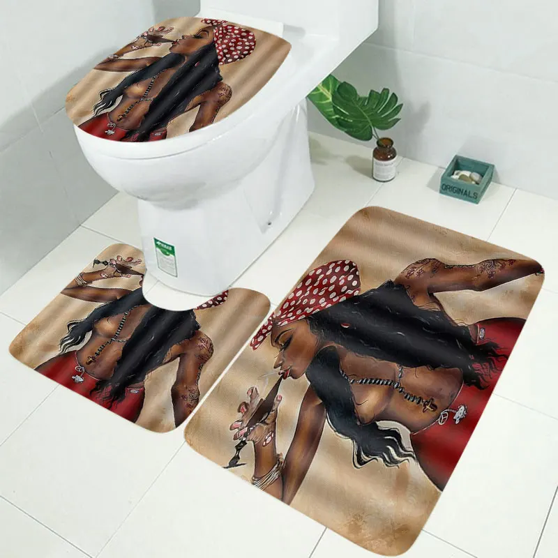 4pcs de las Niñas Africanas prueba de agua de Baño Cortina de Ducha Conjunto antideslizante alfombra de Baño, Alfombras de impresión 3D de Baño de Poliéster Cubierta Mat Conjunto 5