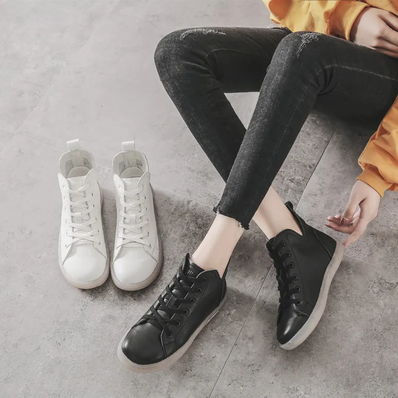PEIPAH 2019 Otoño de Cuero Genuino de las Mujeres de Tobillo Botas Planas con Zapatillas de deporte Zapatos de cordones Mujer Chelsea Botas de Plataforma Botas Mujer 5