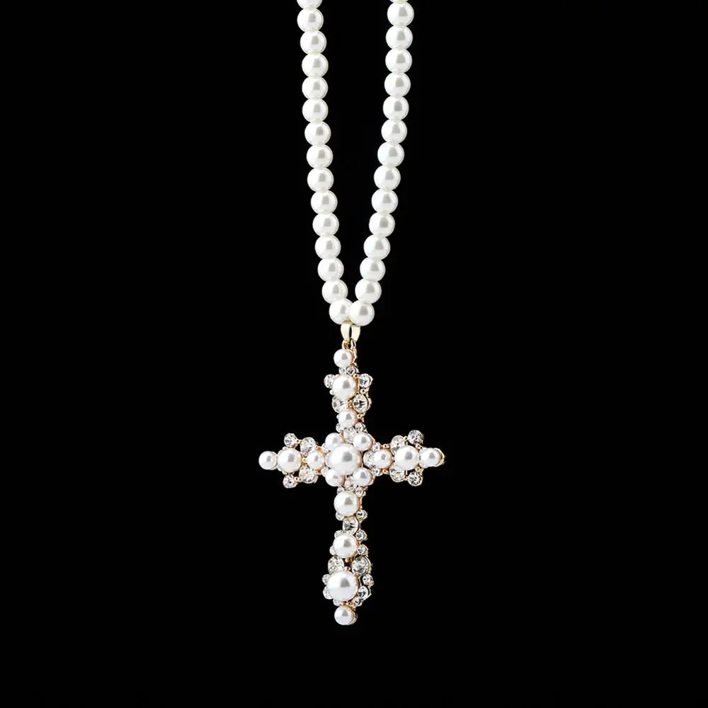 TOPGRILLZ Nueva Moda Vintage Collar de Perlas con Perla Blanca Helada Fuera de Cubic Zirconia Cruz Colgante Encanto de la Joyería Para las Mujeres 5