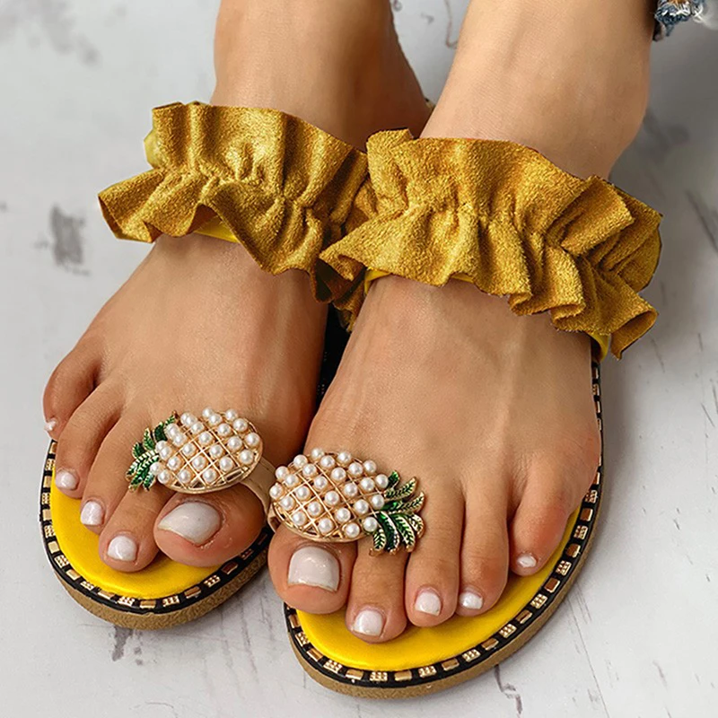 Mujeres Zapatillas De Piña Perla De Cabeza Plana Bohemio, Casual Zapatos Sandalias De Playa De Las Señoras Zapatos De Plataforma Sandalias De Mujer De Verano De 2020 5