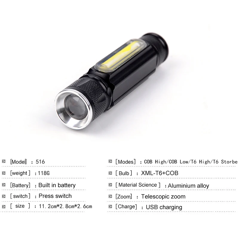 Aceptar Dropshiping Built-en la Batería de la Linterna de LED Recargable USB T6 Antorcha Lado de la MAZORCA de la Luz de la Linterna de la Cola Imán Lámpara de Trabajo z60 5