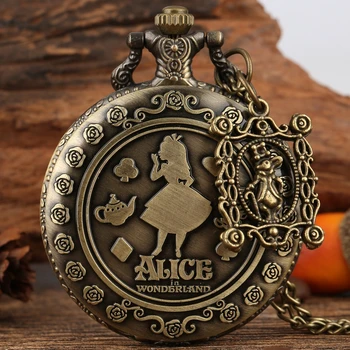 Único Alicia en el país de las Maravillas Tema de Bronce bella Princesa Colgante de Cuarzo Relojes de Bolsillo de Conejo Carrusel de la Vendimia Fob relogios Reloj